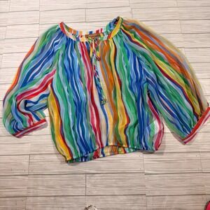 Ellen Tracy Rainbow Striped Sheer Blouse Studded Tie Neck Colorful Top Large